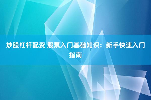 炒股杠杆配资 股票入门基础知识：新手快速入门指南